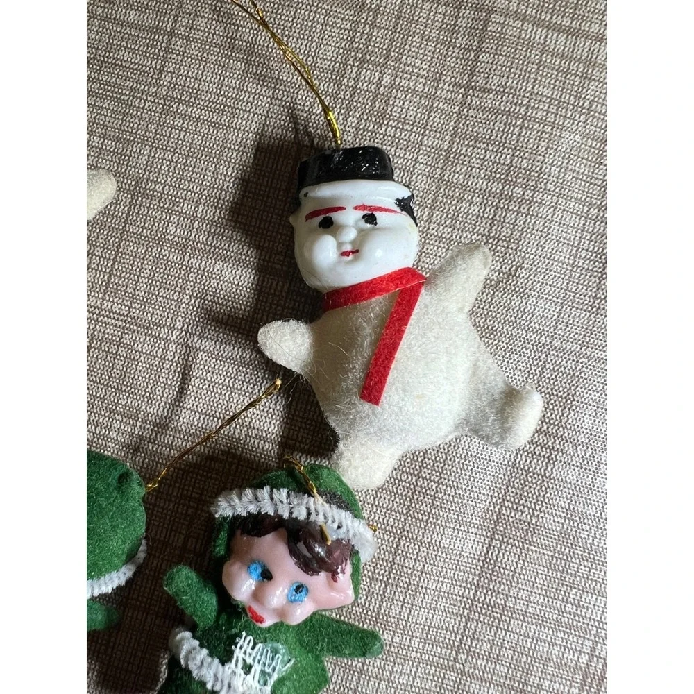 Vintage Flocked Christmas Ornaments Set of 8 Santa Elf Snowman Retro Mid Century